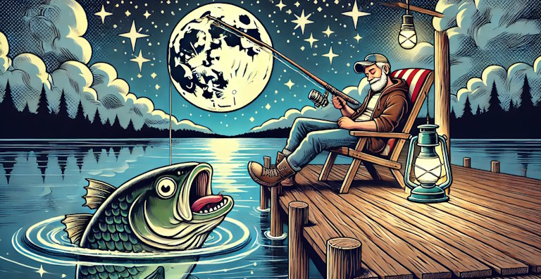 Gute Nacht Sprüche für Angler - ein Angler am Pier mit einem Fisch und Vollmond