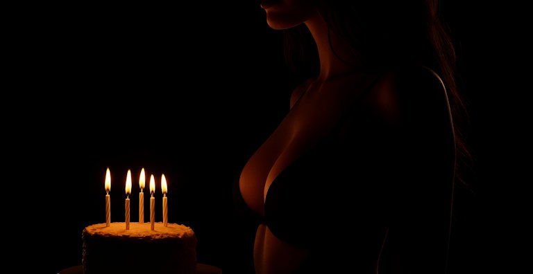 Sexy Frau bereit zum Verführen mit Unterwäsche und Geburtstagstorte
